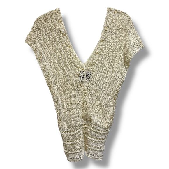 Amano Hand Knit Sweater Spain Open Weave Double V Neck Cream Small - Picture 4 of 6